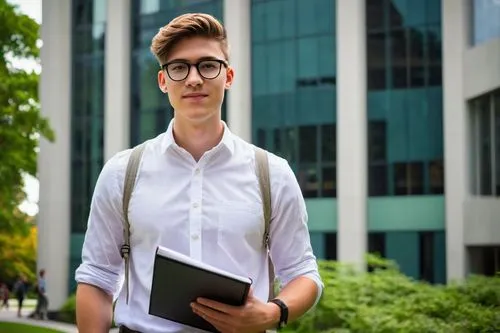 Young adult, male, bachelor of science in architecture, interior design major, stylish glasses, short hair, casual wear, white shirt, dark jeans, sneakers, holding a large portfolio, standing confiden