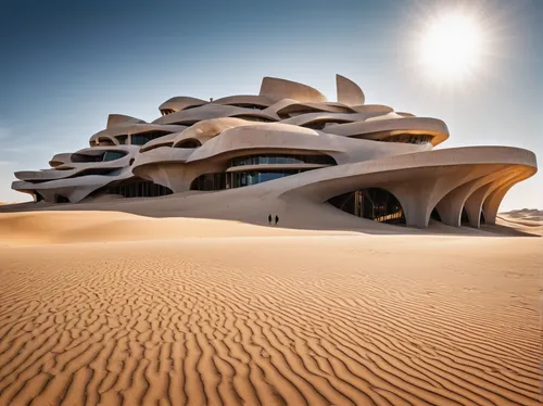 Frank Gehry-designed massive, "Dune" film universe, colossal structure, fused with brutalist elements, iconic deconstructivism, warped metallic sheens, disjointed and fragmented panels, harmonious yet