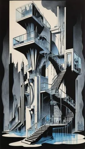 Surrealistic architectural design, volume 48, issue 2-3, 1978, futuristic building, irregular shape, dreamlike atmosphere, melting staircase, distorted proportions, vibrant colors, abstract patterns, 