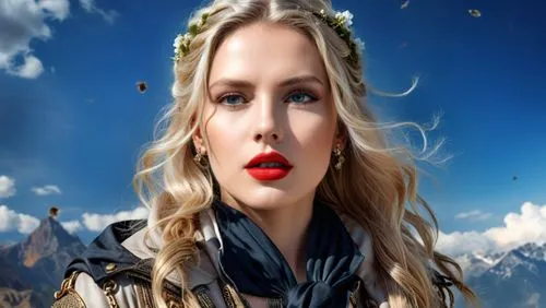 a woman wearing a crown and a red lipstick with her head down,morgause,hadise,derivable,jessamine,edea,loboda,Photography,General,Realistic