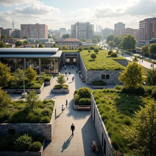 Vibrant green roofs, lush vegetation, natural stone walls, modern train station architecture, large glass facades, minimalist interior design, sleek metal railings, wooden benches, urban landscape vie