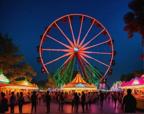 Futuristic amusement park, vibrant neon lights, towering rollercoaster, twisted metal structures, sleek glass floors, futuristic fountain show, misty atmosphere, sunset time, warm lighting, people wal