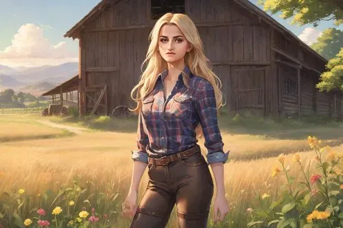 A blonde woman with long, flowing hair wearing a classic cowgirl outfit, including a plaid shirt, denim jeans, and leather boots, standing in front of a rustic wooden barn on a vibrant farm in the 199