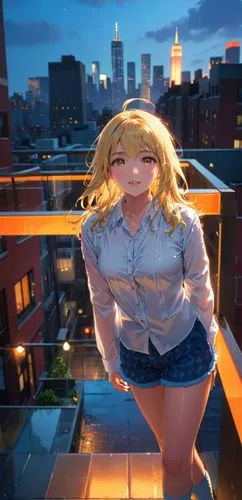 In the heart of bustling New York City, a vibrant and playful caucasian girl named Sarah Viva da Vinci is captured in a stunning aerial view. Her blonde hair is swept back in a warm brown curl, and sh