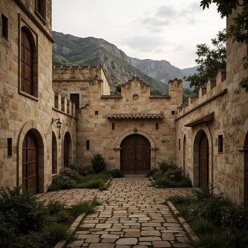 Ancient watchtowers, rustic stone walls, crumbling arches, worn wooden doors, weathered metal gates, intricate stonework patterns, medieval fortifications, fortified battlements, narrow slit windows, 