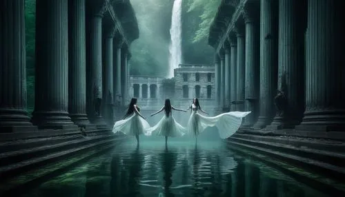 beautiful lady swimming, long hair , white vest in the water, wide view with waterfalls and green forest abanding,two beautiful women with long white dresses in front of a waterfall,fantasy picture,tr