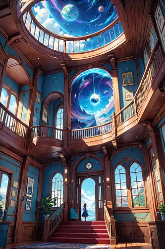 house of the sea,ornate room,blue room,musical dome,the ceiling,3d fantasy,dandelion hall,fantasy world,planetarium,observatory,ballroom,fairy tale castle,myst,spiral staircase,the globe,sky space concept,sea fantasy,circular staircase,dream world,fantasy picture,Anime,Anime,General