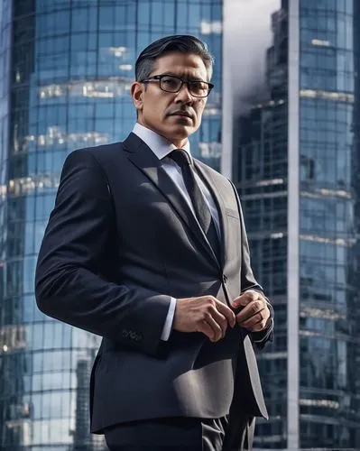 Middle-aged man, master architect, confident posture, glasses with thick frames, short black hair, clean-shaven face, formal wear, white shirt, black tie, dark grey suit, hands behind back, standing i