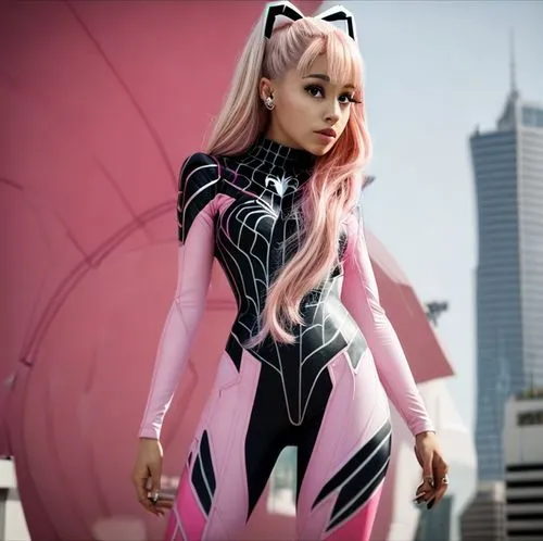 Ariana grande, as spider gwen, pink suit, dirty blonde hair,latex clothing,pink cat,catwoman,cosplay image,pink vector,anime japanese clothing,puma,latex,hk,the pink panter,cosplayer,anime 3d,asian co