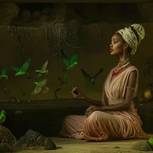 a woman is sitting on the ground surrounded by birds,arundhati,indian art,inanna,ayurveda,upanishads,mandodari,Illustration,American Style,American Style 12