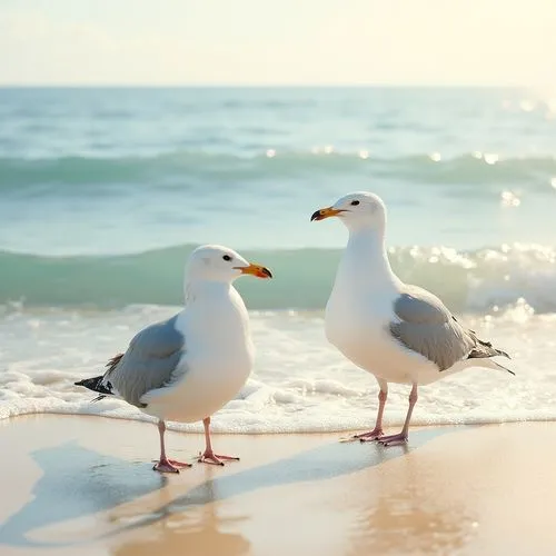 Watercolor painting. Close-up. Two seagulls standing on the beach, gentle waves behind them. Low-angle shot. Expressive brushstrokes, soft muted colors. Feathered textures, delicate wave patterns. War