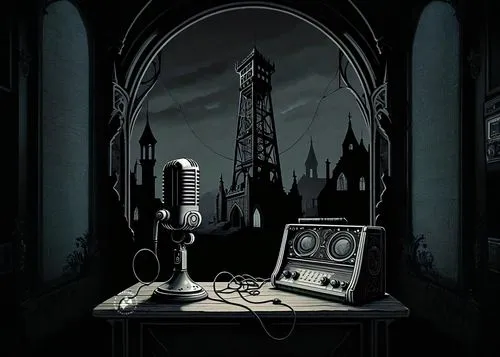 hand drawn gothic radio station,magic castle,microphone,play escape game live and win,haunted cathedral,transmitter,radio set,dark gothic mood,radio network,tube radio,gothic architecture,cartoon vide