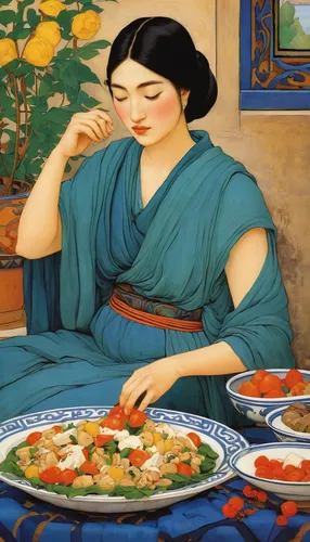 Write a mouthwatering description for a Greek feast with all the traditional favorites.,oriental painting,korean royal court cuisine,oriental girl,korean chinese cuisine,chinese cuisine,chinese art,as