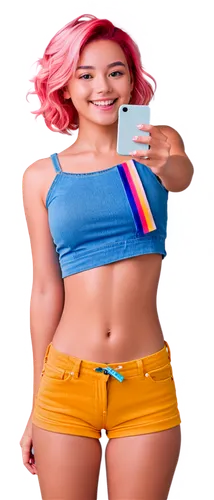 Emoji girl, cute face, colorful hair clips, shiny eyes, rosy cheeks, smiling, casual wear, denim shorts, white sneakers, holding a smartphone, taking a selfie, bright background, soft focus, pastel co