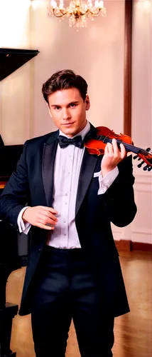 Elegant violin, solo performance, spotlight shining, black tuxedo, white shirt, bow tie, luxurious background, grand piano, polished wooden floor, dramatic lighting, cinematic composition, shallow dep