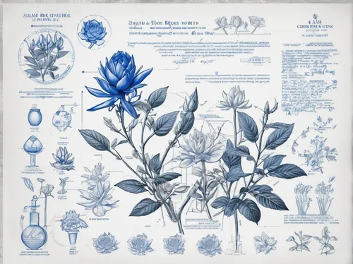 Imagine a futuristic world where siam rose ginger is a rare and highly sought-after ingredient for a revolutionary medicine.,gentian family,cyanus cornflower,vintage botanical,plumbago,closed blue gen