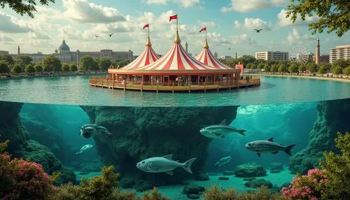 underwater playground,seaquarium,aquarium,imaginationland,floating stage,diamond lagoon