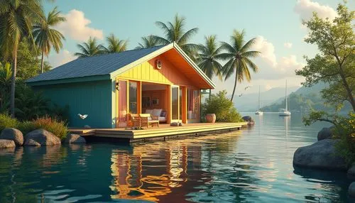 Vibrant boathouse, colored glass windows, reflection on calm lake water, wooden dock, lush greenery surroundings, tropical plants, palm trees, warm sunny day, soft gentle breeze, rippling water effect