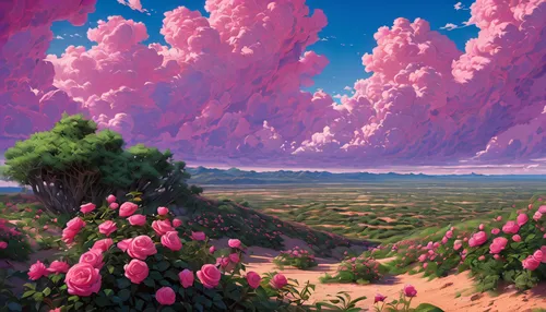 Summer, desert, pink clouds, a land overgrown with roses, James Gurney, art station rendering, ultra-wide lens, high definition,flowerful desert,dune landscape,purple landscape,bougainvilleans,desert 