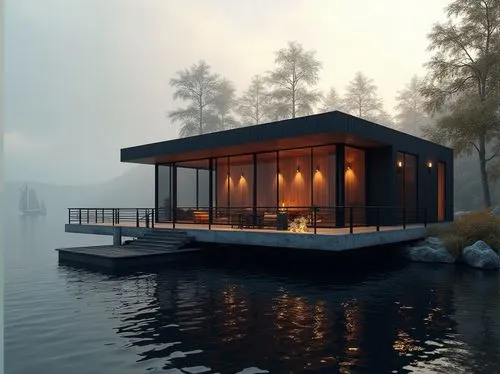 Dark boathouse, luxury villa, waterfront, black roof, wooden walls, large windows, black shutters, modern minimalist design, concrete foundation, surrounded by trees, lake view, misty morning, soft go