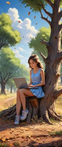 A young girl using laptop. Sitting on the tree-trunk. Under the summer trees, background is dusty Lane and dry grass. Some dry leaves are falling and fly in the sky. ,girl with tree,girl picking apple