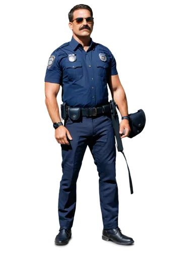 Middle-aged, muscular man, police officer, solo, serious facial expression, short brown hair, mustache, sunglasses, formal police uniform, badge on chest, gun holster on waist, black boots, standing w