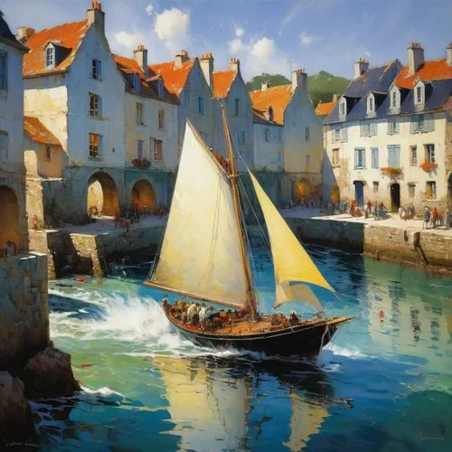 bretagne, yacht race on sunny windy day, water splashing, sunny, french village on the sea with pub and shops, scene of 19th century, insanely detailed inpasto painting with rough paint strokes and te