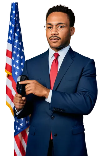 Martin Luther King, African American male, 30s, historical figure, suit, tie, glasses, Afro hair, serious expression, hand on podium, passionate speech, microphone, American flag background, warm ligh