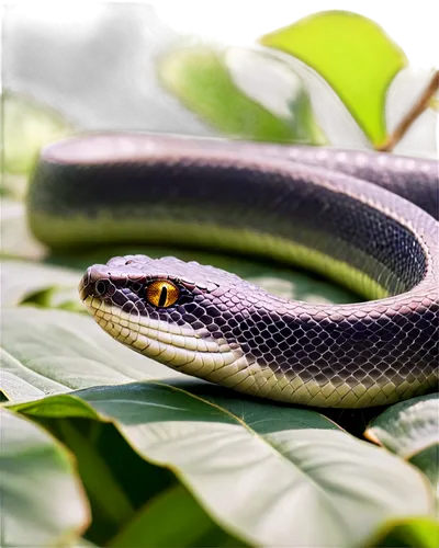 Snake, reptile, solo, curled up, scaly skin, brown and white patterns, forked tongue out, beady eyes, morning dew, soft sunlight filtering through leaves, close-up shot, shallow depth of field, warm c