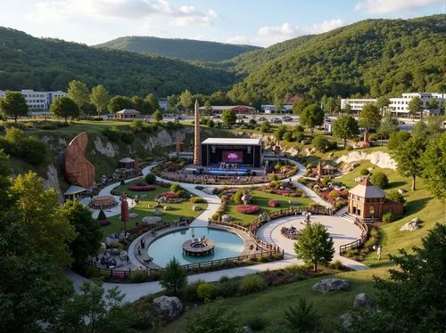 Vibrant music venue, harmonious landscape integration, rolling hills, lush greenery, natural amphitheater, outdoor performance space, scenic viewing areas, meandering pathways, rustic wooden bridges, 