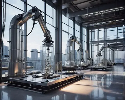 Industrial machinery, futuristic laboratory, metal beams, exposed pipes, sleek metallic surfaces, minimal decor, functional aesthetics, 3/4 composition, low-angle shot, dramatic lighting, high-tech am