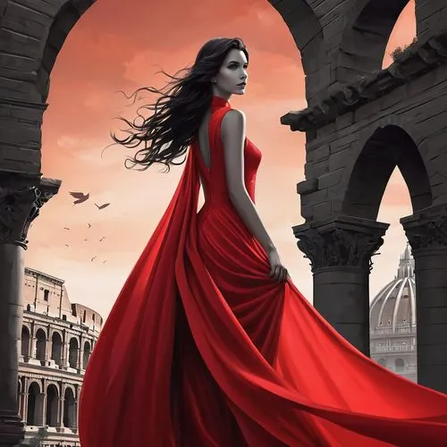 man in red dress,red gown,lady in red,red cape,melisandre,girl in a long dress,Illustration,Realistic Fantasy,Realistic Fantasy 01