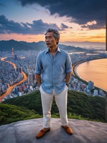 A 45-year-old man with a introspective expression, slightly graying hair and a fit build, stands solitary on a windswept promontory, gazing out at the sprawling Taiwanese metropolis in the distance, w