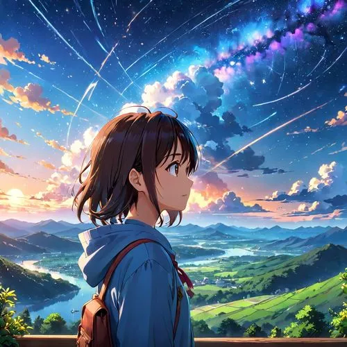 rainbow and stars,starry sky,kumiko,star sky,sky,beautiful wallpaper,suzumiya,tanabata,ghibli,cielo,falling stars,horizon,colorful stars,summer sky,would a background,background screen,night sky,the horizon,dusk background,falling star,Anime,Anime,Traditional