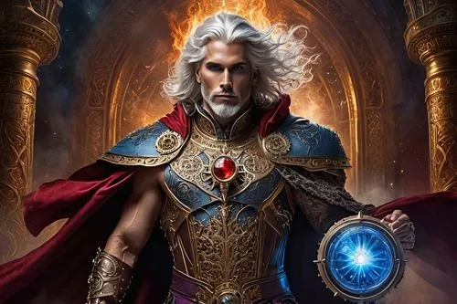 Celestial fantasy god, powerful masculine figure, golden crown, flowing white hair, piercing blue eyes, elaborate tattoos on arms, chest, and back, muscular physique, intricate details on skin, shinin