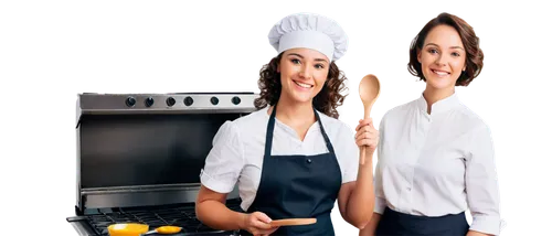 Female chef, kitchen interior, apron, chef hat, curly brown hair, bright smile, minimal makeup, white blouse, black pants, wooden spoon, stainless steel pan, sizzling food, morning light, soft focus, 