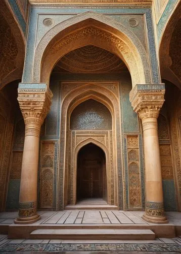 Ancient Sassanid palace, intricate stone carvings, ornate columns, grand archways, golden domes, detailed mosaics, Persian-inspired patterns, majestic entrance, symmetrical composition, warm sunlight,