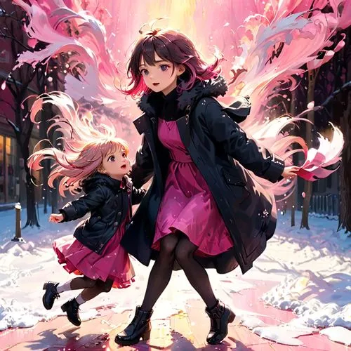 llenn,cold cherry blossoms,in the snow,monogatari,little girls walking,ranko,Anime,Anime,General