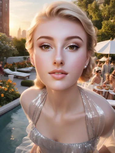 blonde lady in silver bikini and translucent skirt walking by a swimming pool on a New York rooftop, sunset, glitzy, photorealistic.,elsa,cinderella,rapunzel,natural cosmetic,fantasy portrait,beauty f