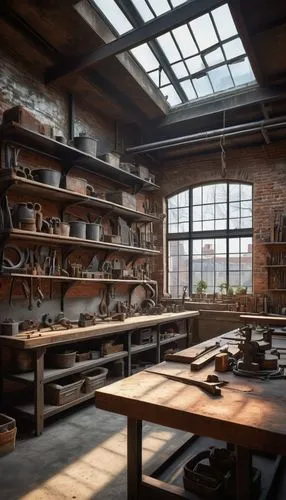 workbenches,shoemakers,manufactory,shoemaking,foundry,schoolroom,bootmakers,workbench,abandoned factory,cordwainers,schoolrooms,brickworks,desks,loft,brickyards,maschinenfabrik,warehouse,pottery,metalworks,music instruments on table,Conceptual Art,Fantasy,Fantasy 28