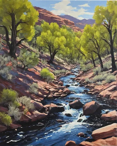 flowing creek,river landscape,river juniper,river cooter,brook landscape,mountain river,mesquite flats,mountain stream,a river,oil painting,oheo gulch,rio grande river,watercourse,oil on canvas,upper water,arizona,rushing water,utah,streams,kayenta,Illustration,Black and White,Black and White 17