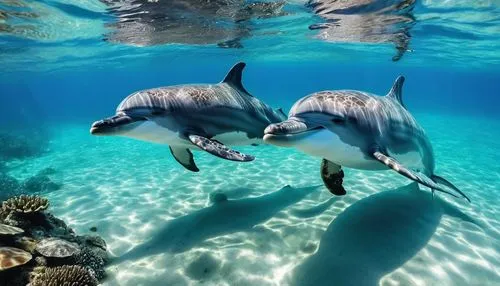 Dolphins swimming on the crystal clear seabed along with sea turtle, ambient light, crystal clear, realistic style – cinematic and realistic, photography.,dolphins in water,bottlenose dolphins,two dol