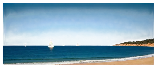 Seascape, calm ocean, blue sky, sunny day, sailboat, white sails, gentle waves, seagulls flying overhead, beach in distance, sandy shore, 3/4 composition, soft natural lighting, warm color tone, cinem