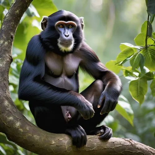 Adult male African monkey, big, black fur, muscular arms, strong hands, long fingers, sharp nails, expressive eyes, nostrils flaring, ears perked up, sitting on a tree branch, jungle environment, vine