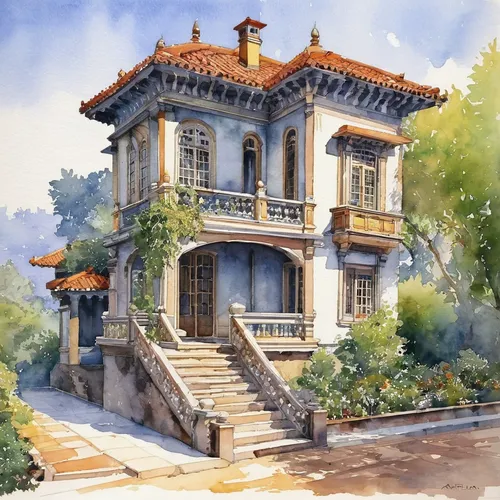 Prafull Sawant Landscape Paintings Watercolor Architecture,watercolor tea shop,two story house,watercolor cafe,house painting,house drawing,villa,palo alto,watercolor,chinese architecture,asian archit