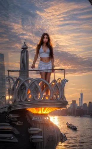 a portrait of a beautiful caucasian girl 22 years old, brown eyes,  black hair wearing a white top and orange miniskirt stand up in the torch of stature of liberty whit boats in the hudson river and N