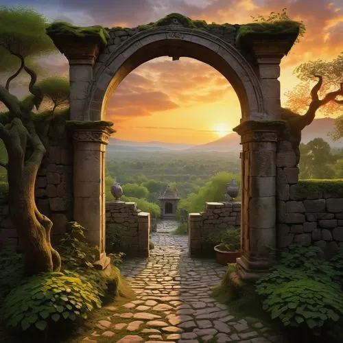 stone gate,fantasy landscape,heaven gate,fantasy picture,archway,gateway,archways,nargothrond,cartoon video game background,farm gate,village gateway,windows wallpaper,world digital painting,landscape background,the mystical path,hobbiton,victory gate,doorways,iron gate,entrada,Art,Classical Oil Painting,Classical Oil Painting 07