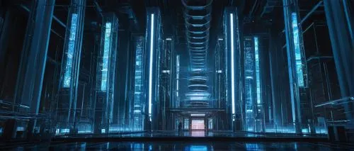 Gateway architecture, futuristic, sleek, metallic, silver-gray color, neon lights, holographic displays, towering, massive pillars, intricate circuitry, wires, motherboards, LED indicators, transparen