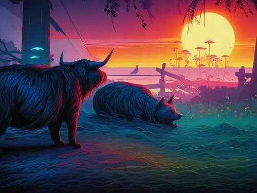 dusk background,game illustration,oxen,boars,rhinos,two cows,buffalos,world digital painting,pumbaa,sci fiction illustration,wild boar,buffalo,cartoon video game background,bison,boar,low poly,vaca,pi