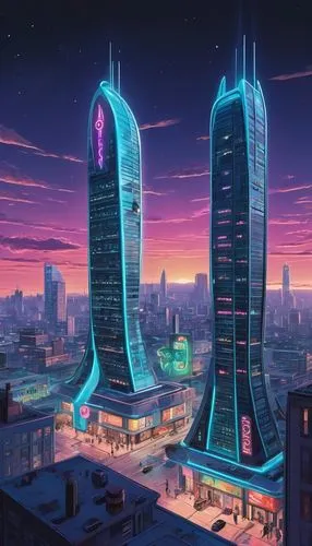 cybercity,urban towers,futuristic architecture,cybertown,skyscrapers,megacorporations,cyberport,baku,futuristic landscape,international towers,fantasy city,capcities,futuristic,towers,dubia,buildings,dubai,city buildings,skylstad,cityscape,Illustration,Retro,Retro 12